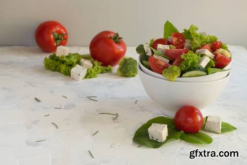 Lettuce Leaves, Cherry Tomatoes, Cucumber, Broccoli and Tofu Salad