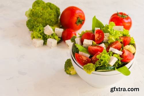 Lettuce Leaves, Cherry Tomatoes, Cucumber, Broccoli and Tofu Salad