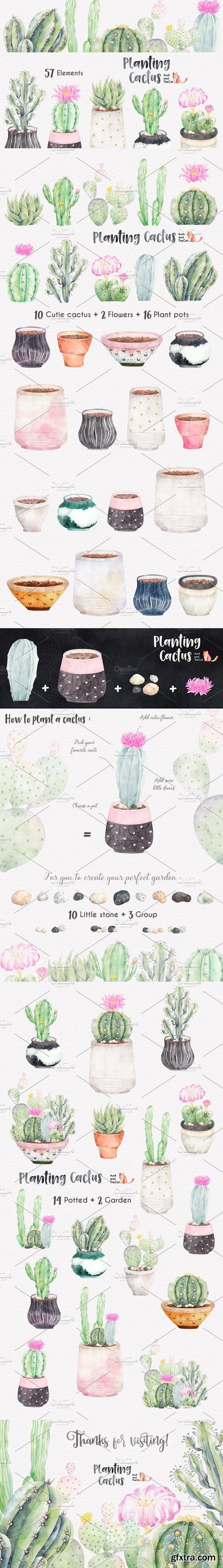 CM - Planting Cactus Watercolor Clipart 1545810