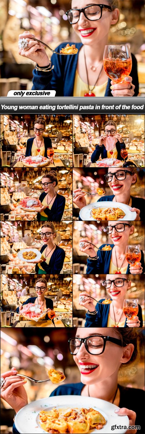 Young woman eating tortellini pasta in front of the food - 9 UHQ JPEG