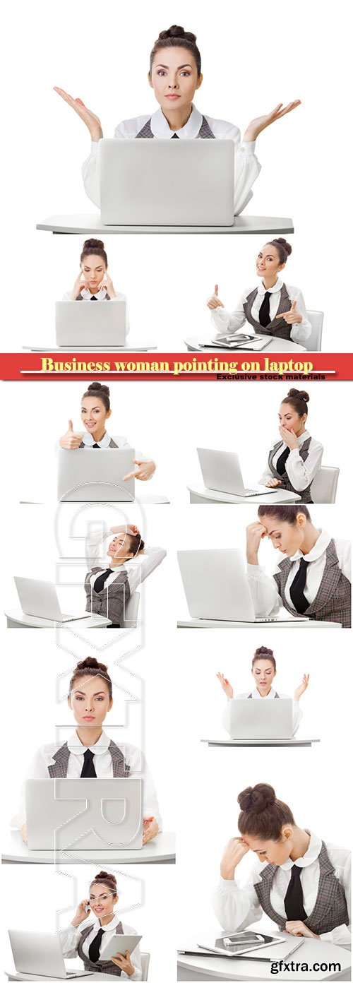 Business woman pointing on smartphone, laptop, tablet