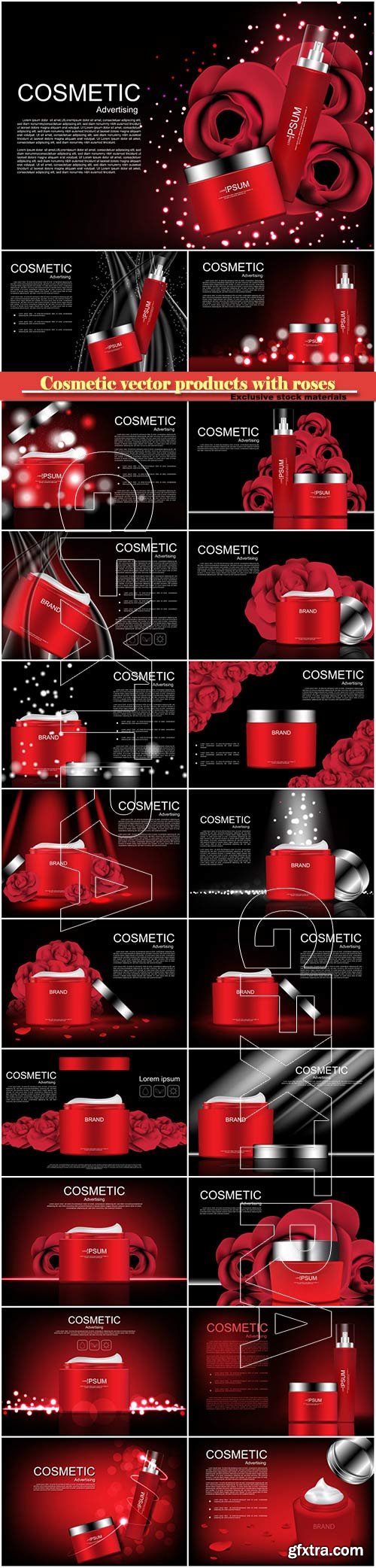 Cosmetic vector products with roses on dark background