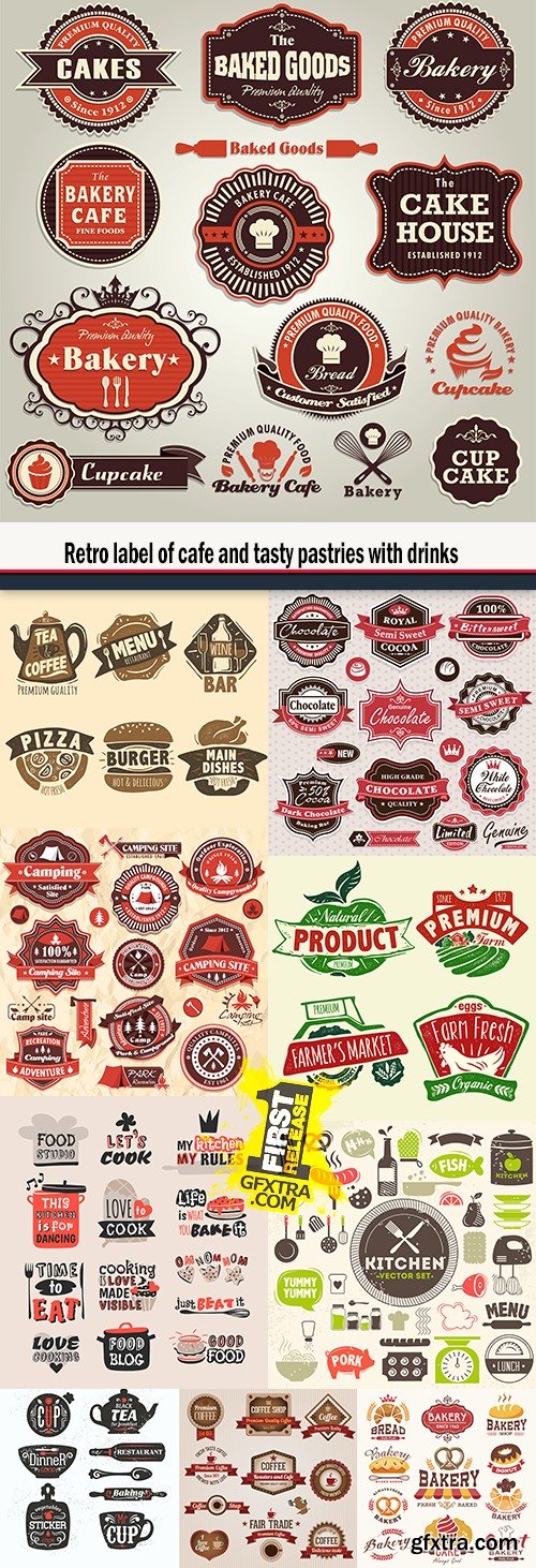 Retro label of cafe and tasty pastries with drinks