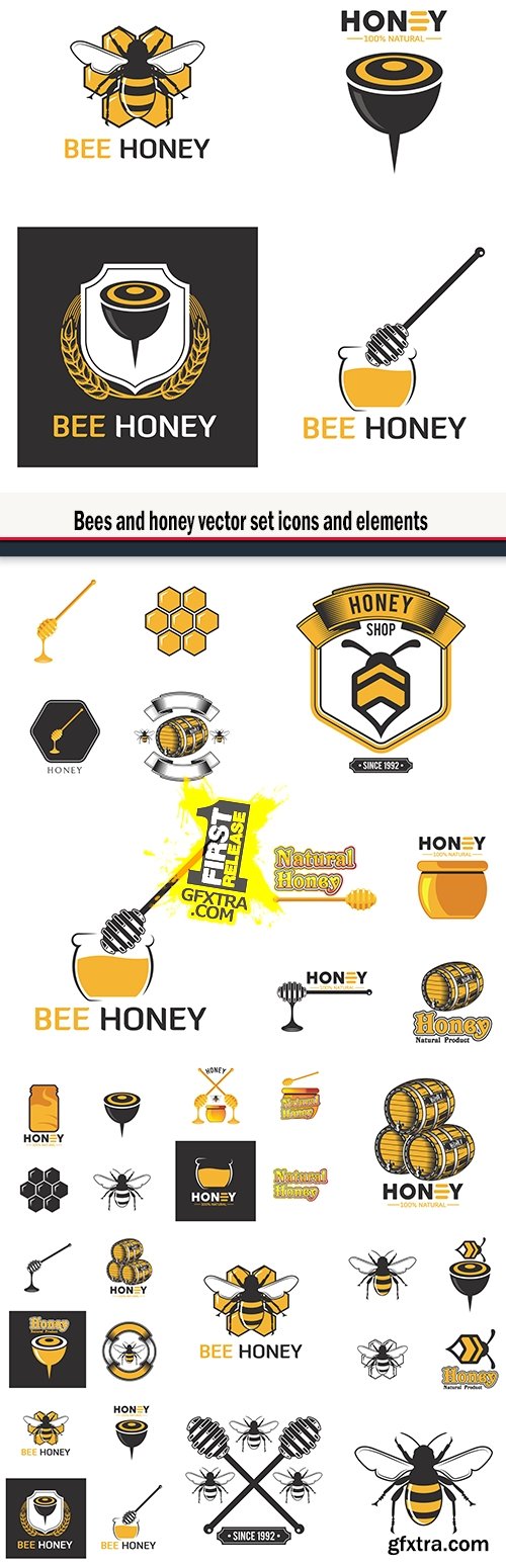 Bees and honey vector set icons and elements