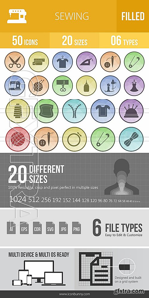 CreativeMarket 50 Sewing Filled Low Poly B/G Icons 1413896