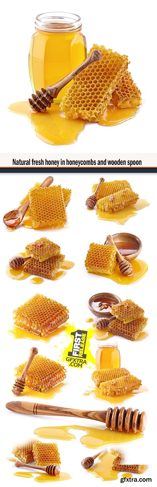 Natural fresh honey in honeycombs and wooden spoon