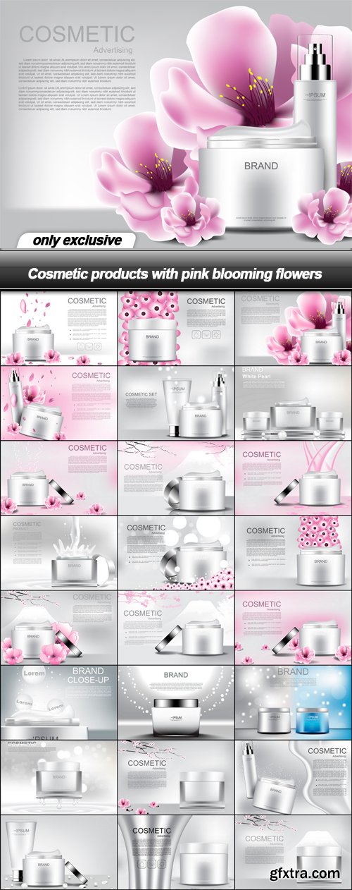 Cosmetic products with pink blooming flowers - 24 EPS