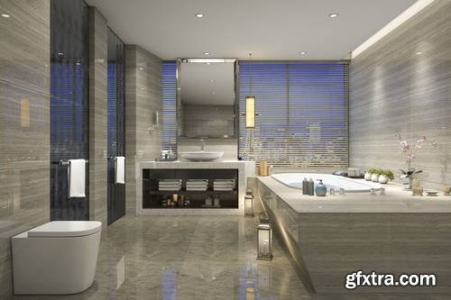 3D Rendering Modern Classic Bathroom with Luxury Tile Decor