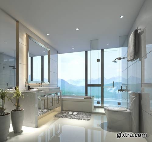 3D Rendering Modern Classic Bathroom with Luxury Tile Decor