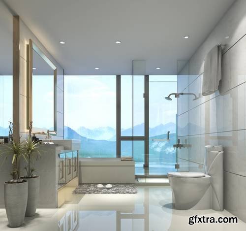 3D Rendering Modern Classic Bathroom with Luxury Tile Decor