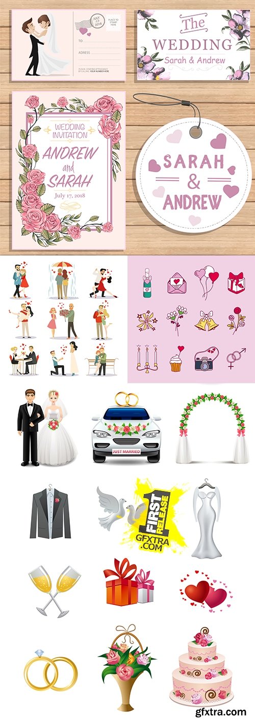 Wedding collection icons and decorative elements design