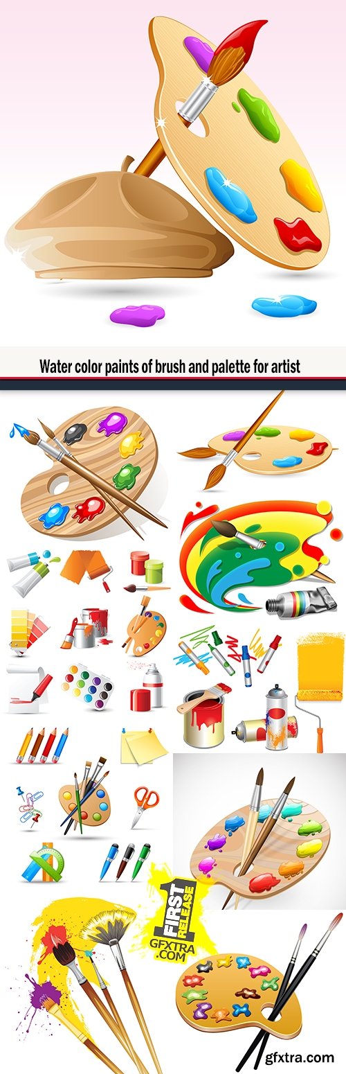 Water color paints of brush and palette for artist