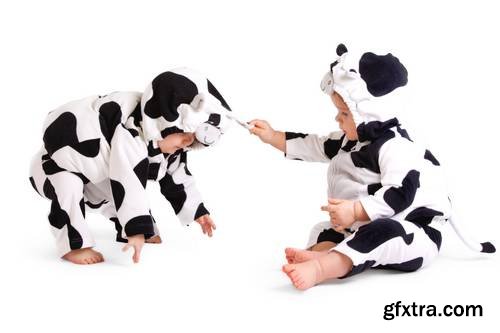 Two Babes in a Fancy Dress Cow Costume on White Background