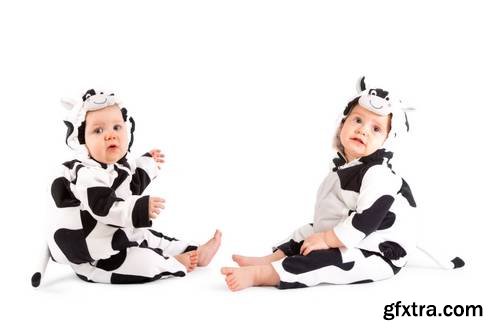 Two Babes in a Fancy Dress Cow Costume on White Background