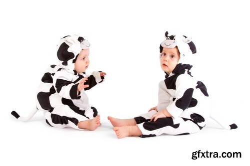 Two Babes in a Fancy Dress Cow Costume on White Background