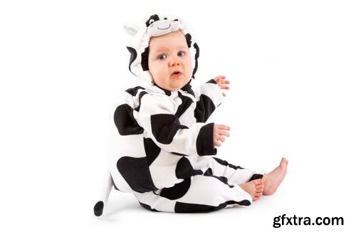 Two Babes in a Fancy Dress Cow Costume on White Background