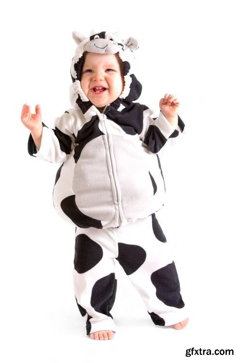 Two Babes in a Fancy Dress Cow Costume on White Background