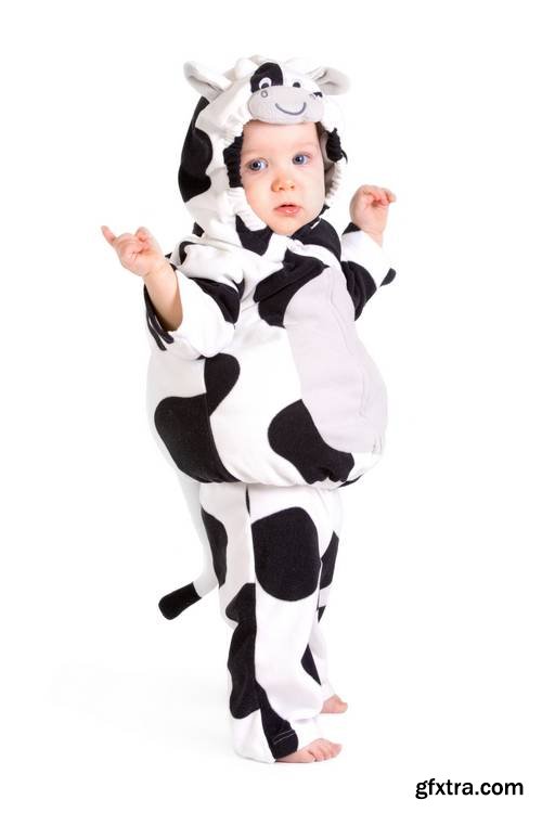 Two Babes in a Fancy Dress Cow Costume on White Background