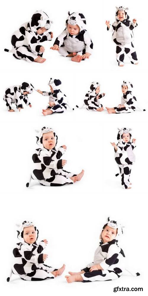 Two Babes in a Fancy Dress Cow Costume on White Background