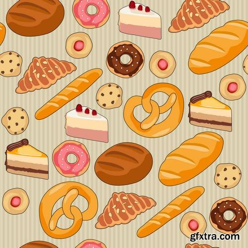 Hand Drawn Coffee Cups, Cookies, Donuts, Pretzels, Breads and Cakes