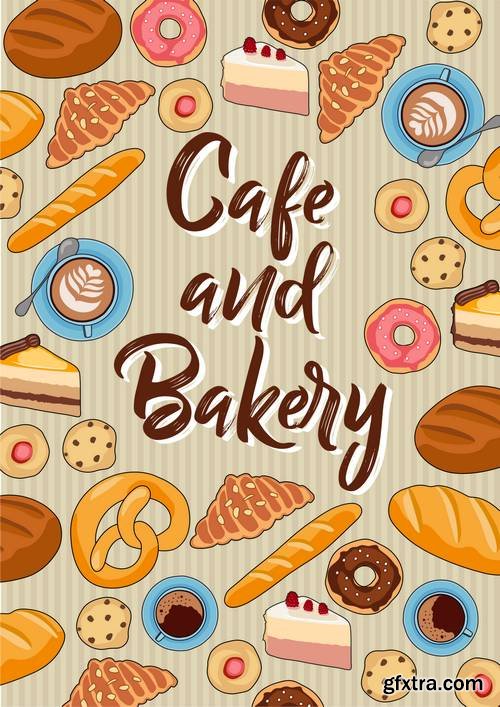 Hand Drawn Coffee Cups, Cookies, Donuts, Pretzels, Breads and Cakes