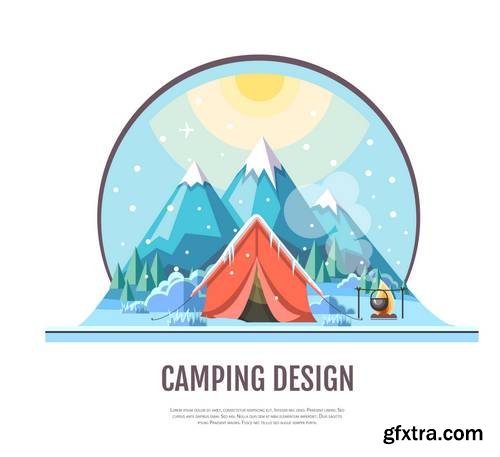 Flat Style Design of Winter Seaside Landscape and Camping Tent