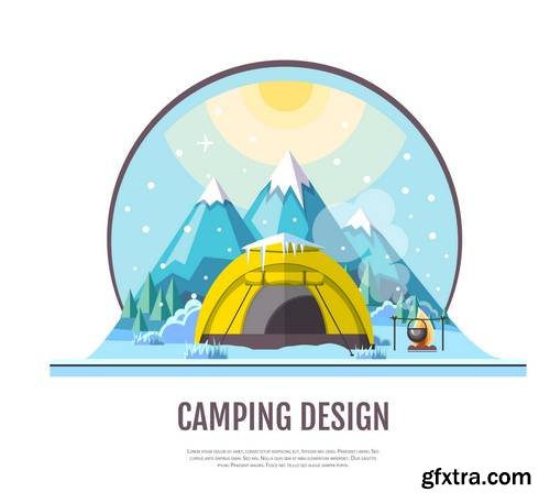 Flat Style Design of Winter Seaside Landscape and Camping Tent