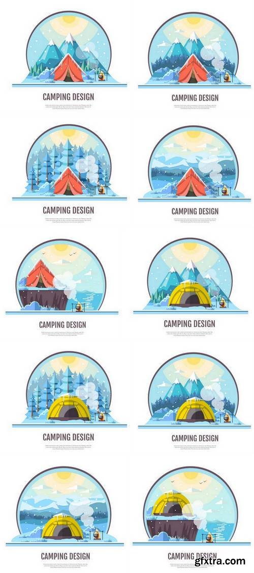 Flat Style Design of Winter Seaside Landscape and Camping Tent