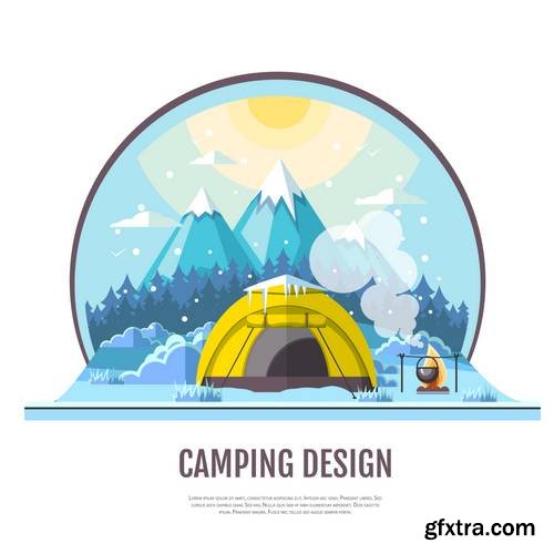 Flat Style Design of Winter Seaside Landscape and Camping Tent