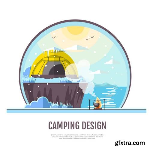 Flat Style Design of Winter Seaside Landscape and Camping Tent