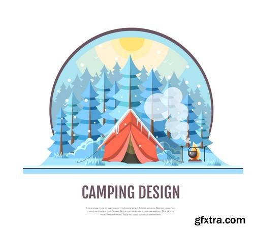 Flat Style Design of Winter Seaside Landscape and Camping Tent