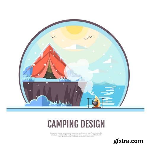 Flat Style Design of Winter Seaside Landscape and Camping Tent