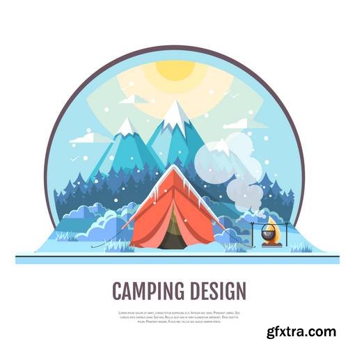 Flat Style Design of Winter Seaside Landscape and Camping Tent