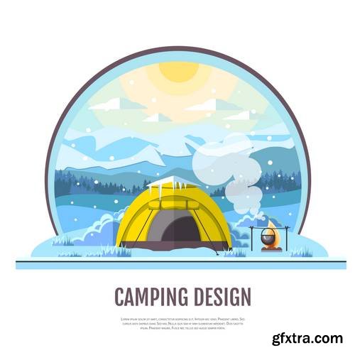 Flat Style Design of Winter Seaside Landscape and Camping Tent