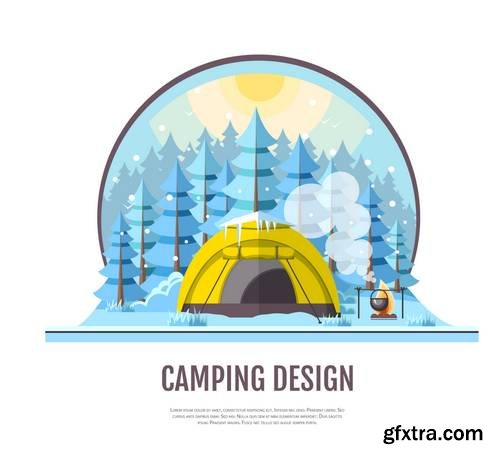 Flat Style Design of Winter Seaside Landscape and Camping Tent