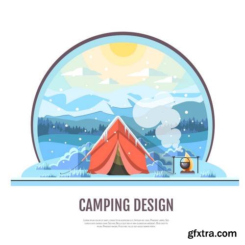 Flat Style Design of Winter Seaside Landscape and Camping Tent