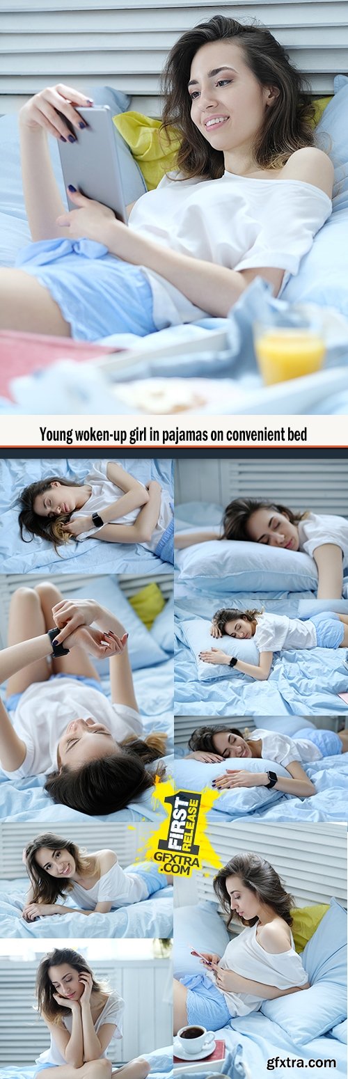 Young woken-up girl in pajamas on convenient bed