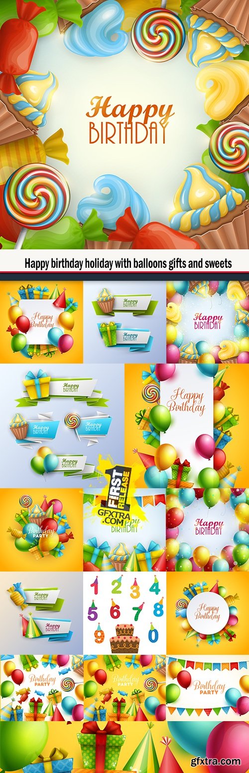 Happy birthday holiday with balloons gifts and sweets