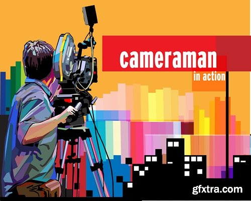 Cameraman camera reel of film journalist, reporter 19 EPS