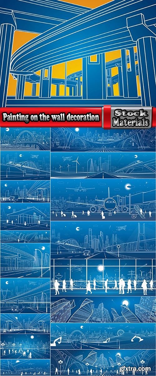 Painting on the wall decoration element urban style city bridge skyscraper train 19 EPS