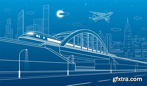 Painting on the wall decoration element urban style city bridge skyscraper train 19 EPS