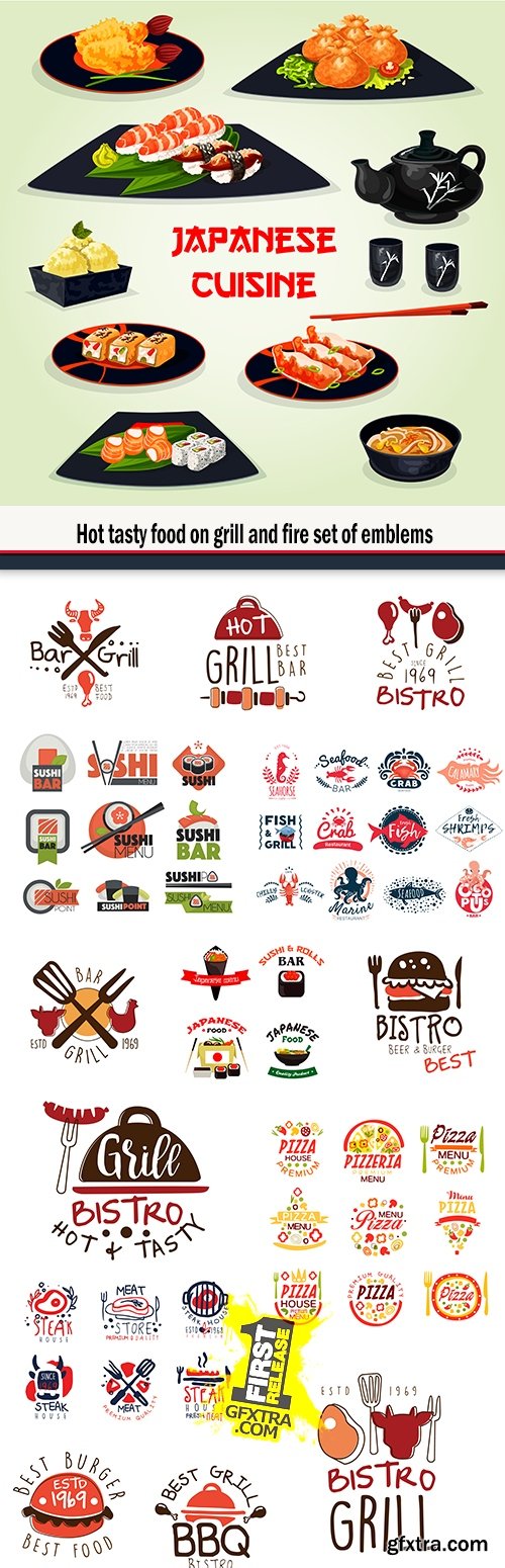 Hot tasty food on grill and fire set of emblems