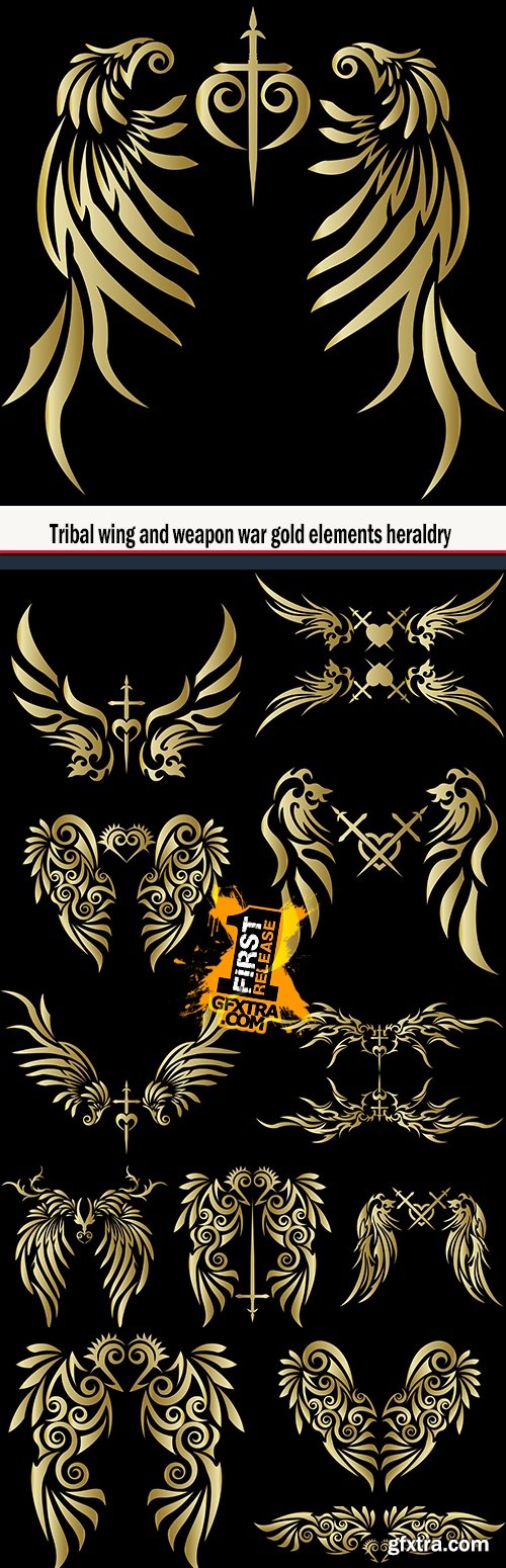 Tribal wing and weapon war gold elements heraldry