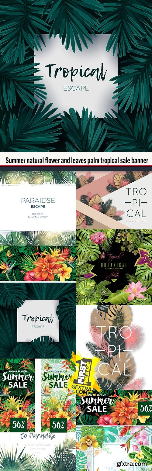 Summer natural flower and leaves palm tropical sale banner