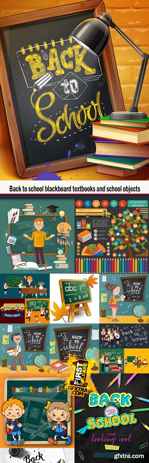 Back to school blackboard textbooks and school objects