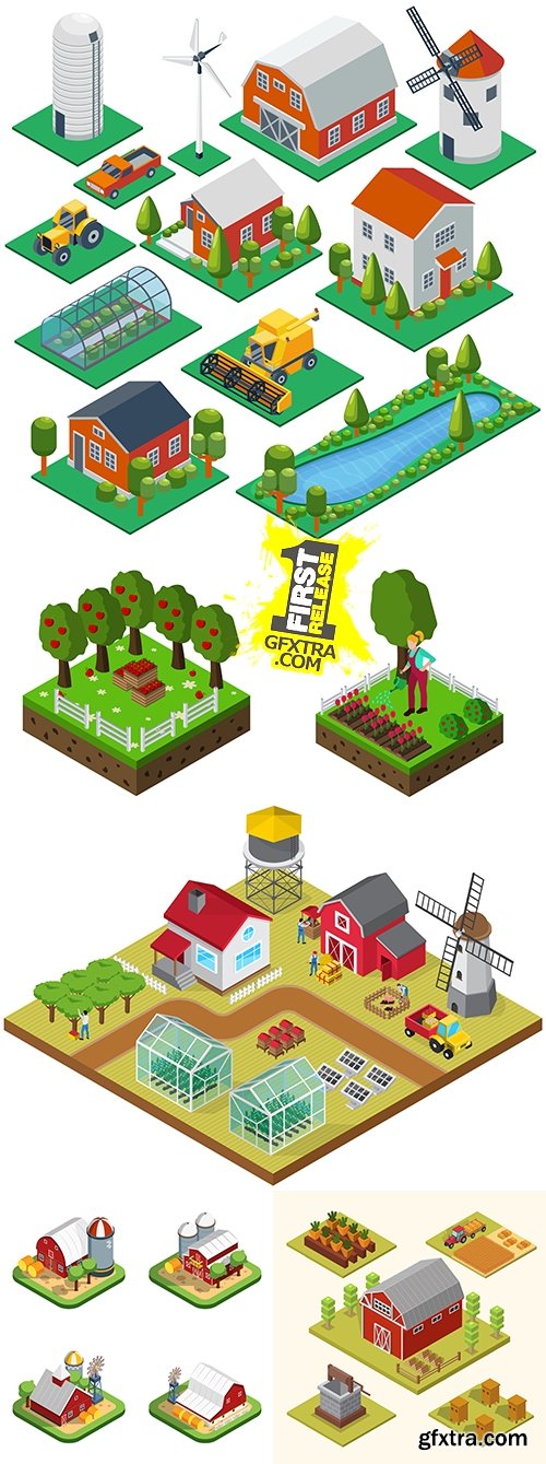 Farm agriculture and equipment illustration isometric element