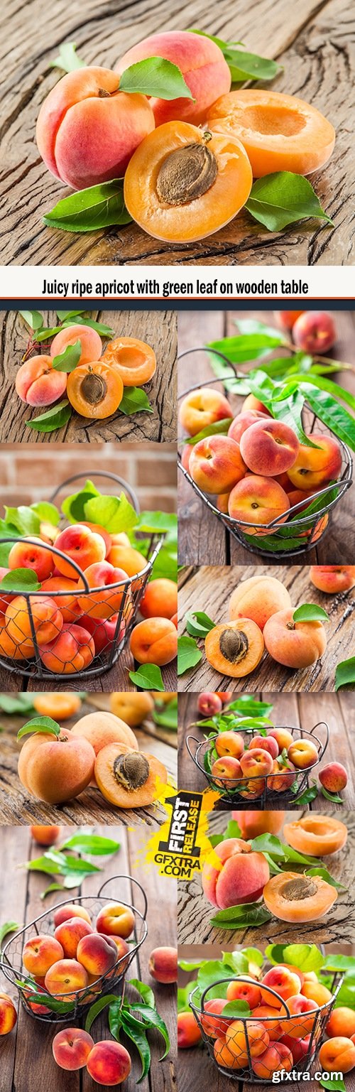 Juicy ripe apricot with green leaf on wooden table