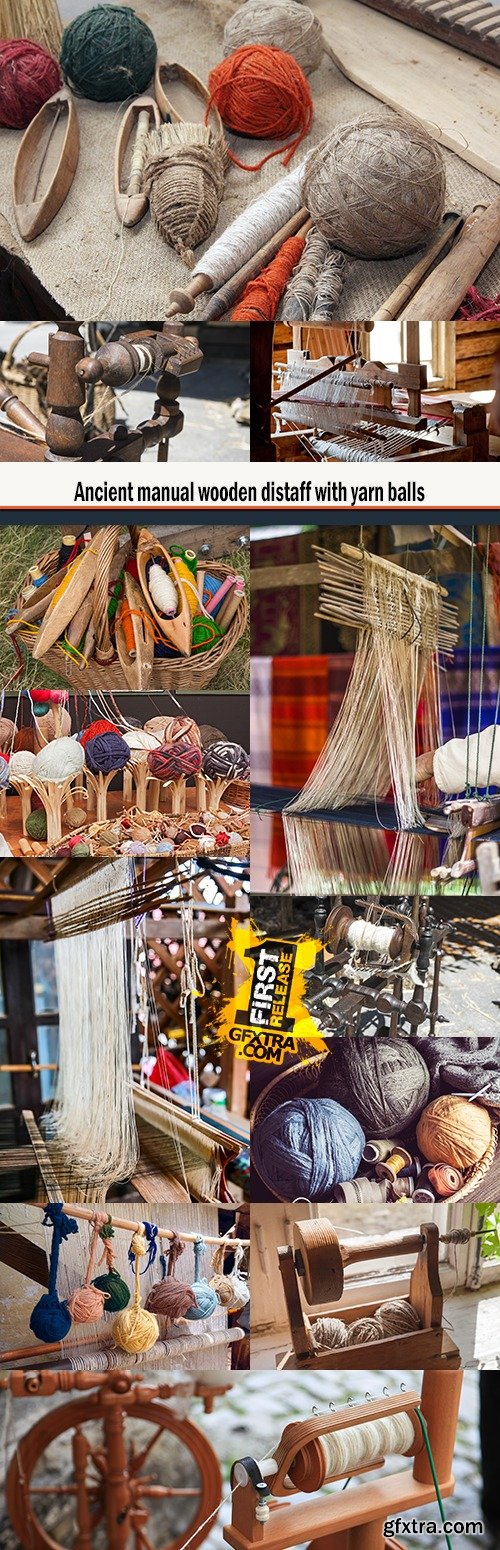 Ancient manual wooden distaff with yarn balls