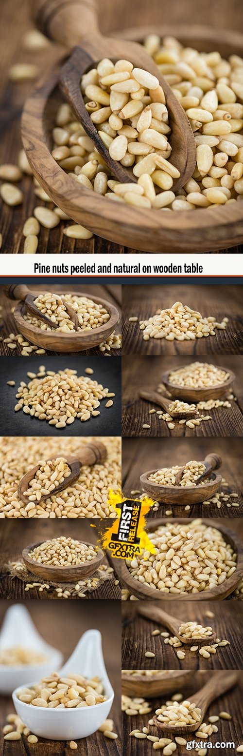 Pine nuts peeled and natural on wooden table