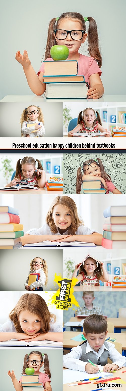 Preschool education happy children behind textbooks